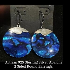 Artisan 925 Sterling Silver Abalone Blue Round Disk Shell Round Dangle Earrings